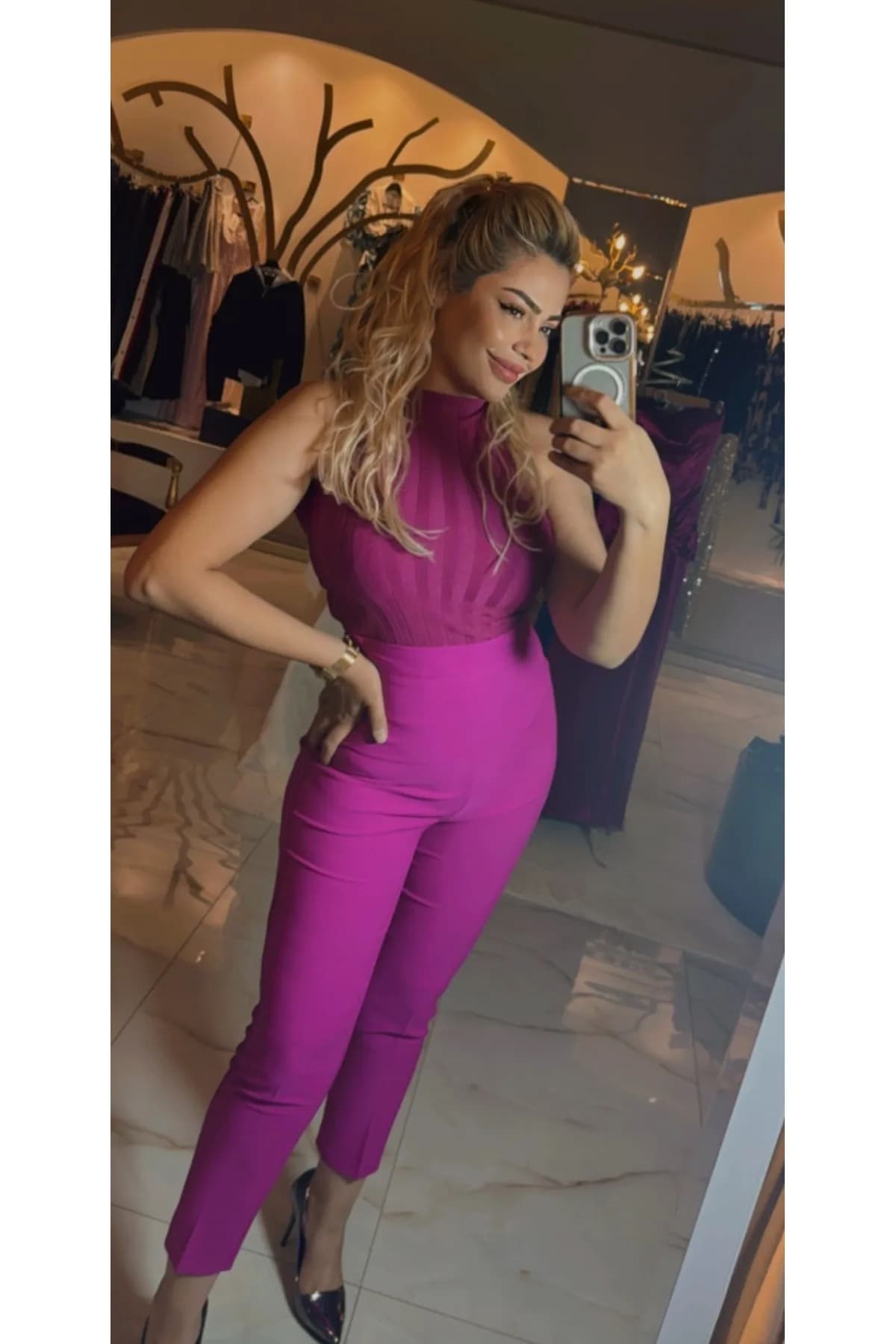 Yüksek Bel Dar Paça Fuşya Pantolon