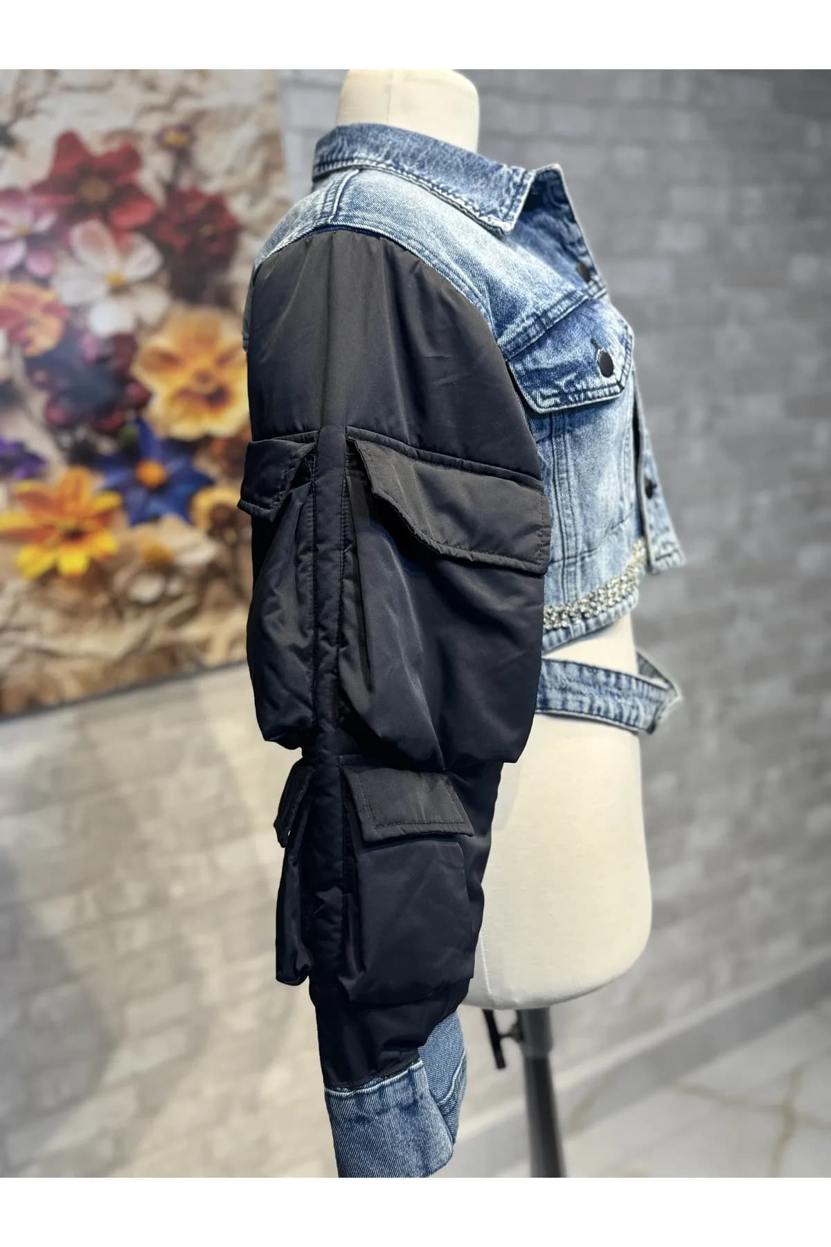 Tasarım denim mix taş detaylı ceket