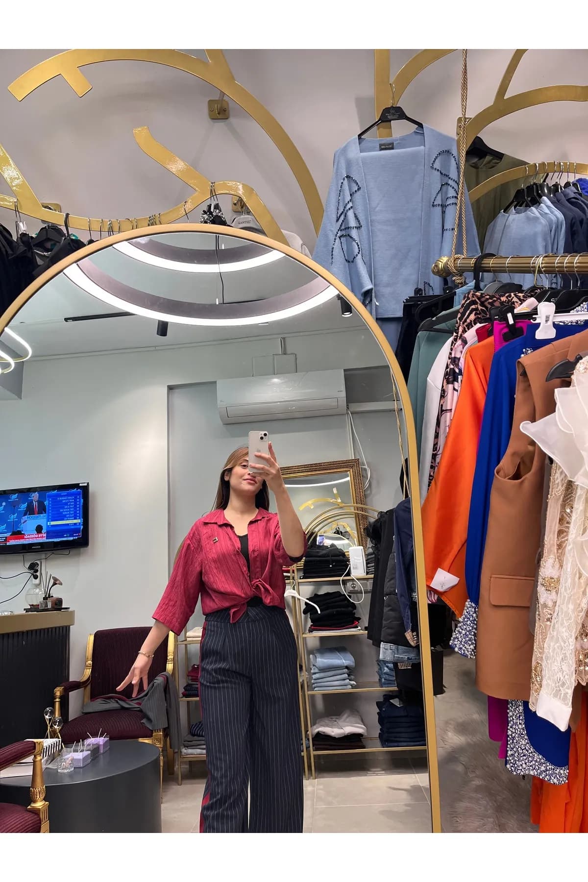 bordo Renk Bloklu Çizgili Palazzo lacivert Pantolon — görsel 5