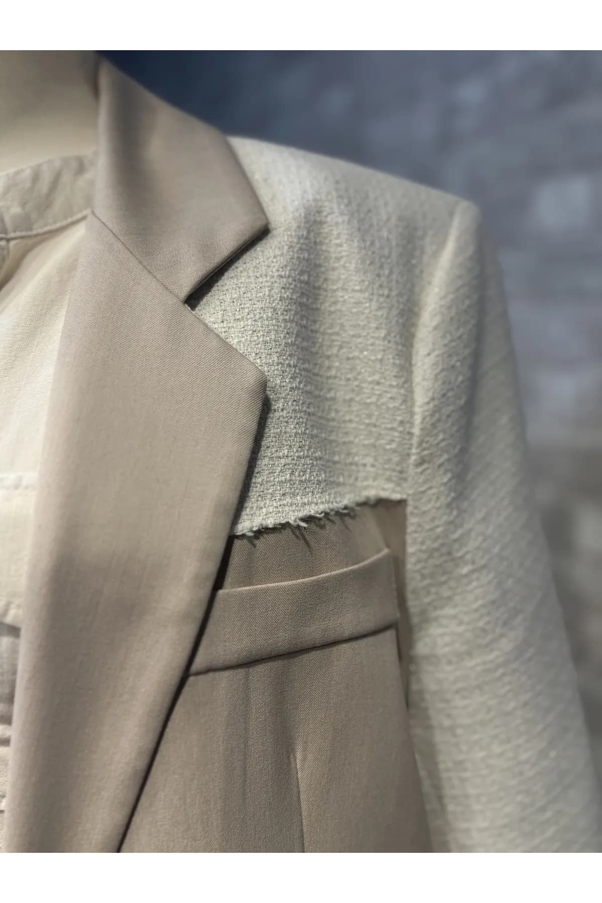 Kadın krem keten tüvit mix blazer ceket