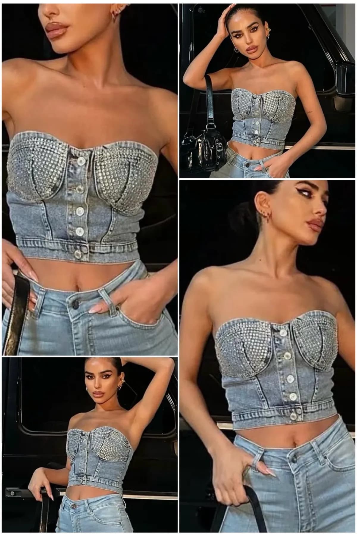Taşlı Denim Straplez Büstiyer Crop Top
