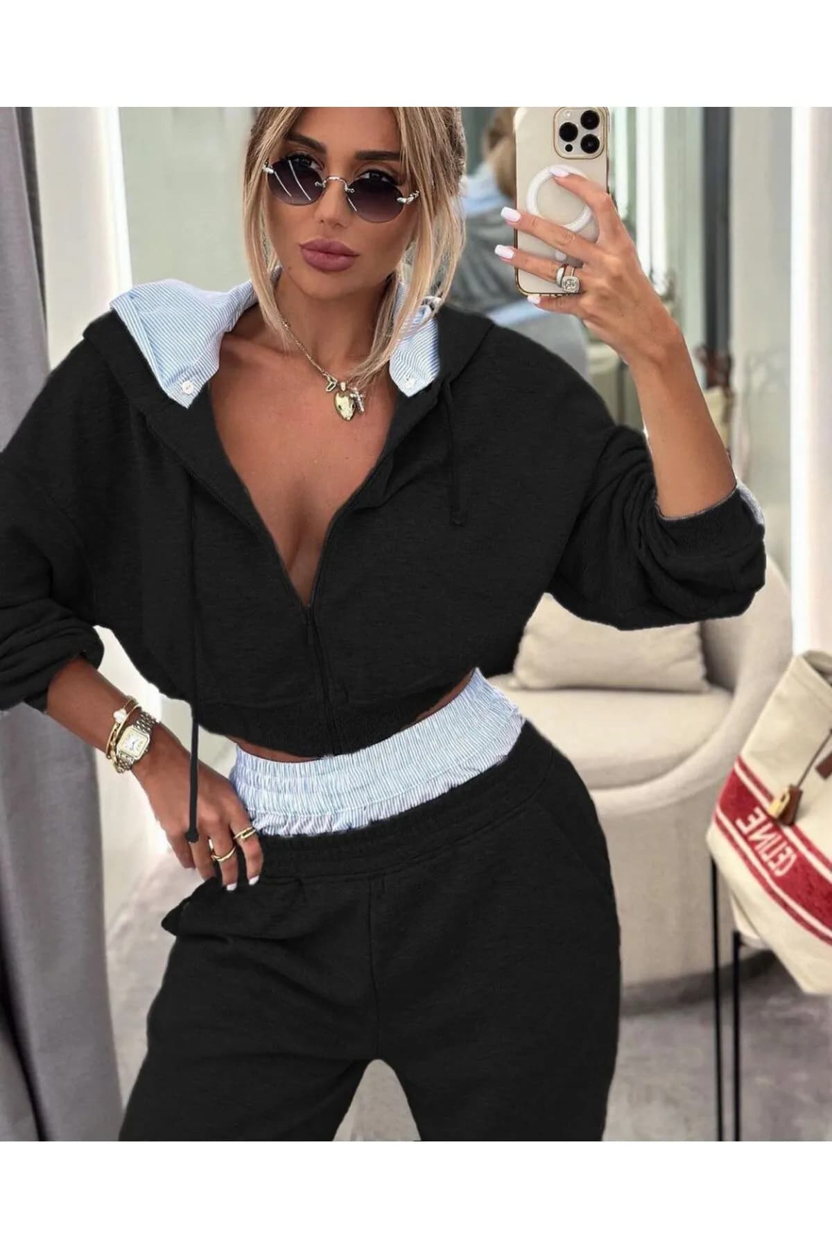 Çizgili Yaka Detaylı Crop Fit Eşofman Takımı – Şehirli Şıklığın En Güçlü Hali 💫