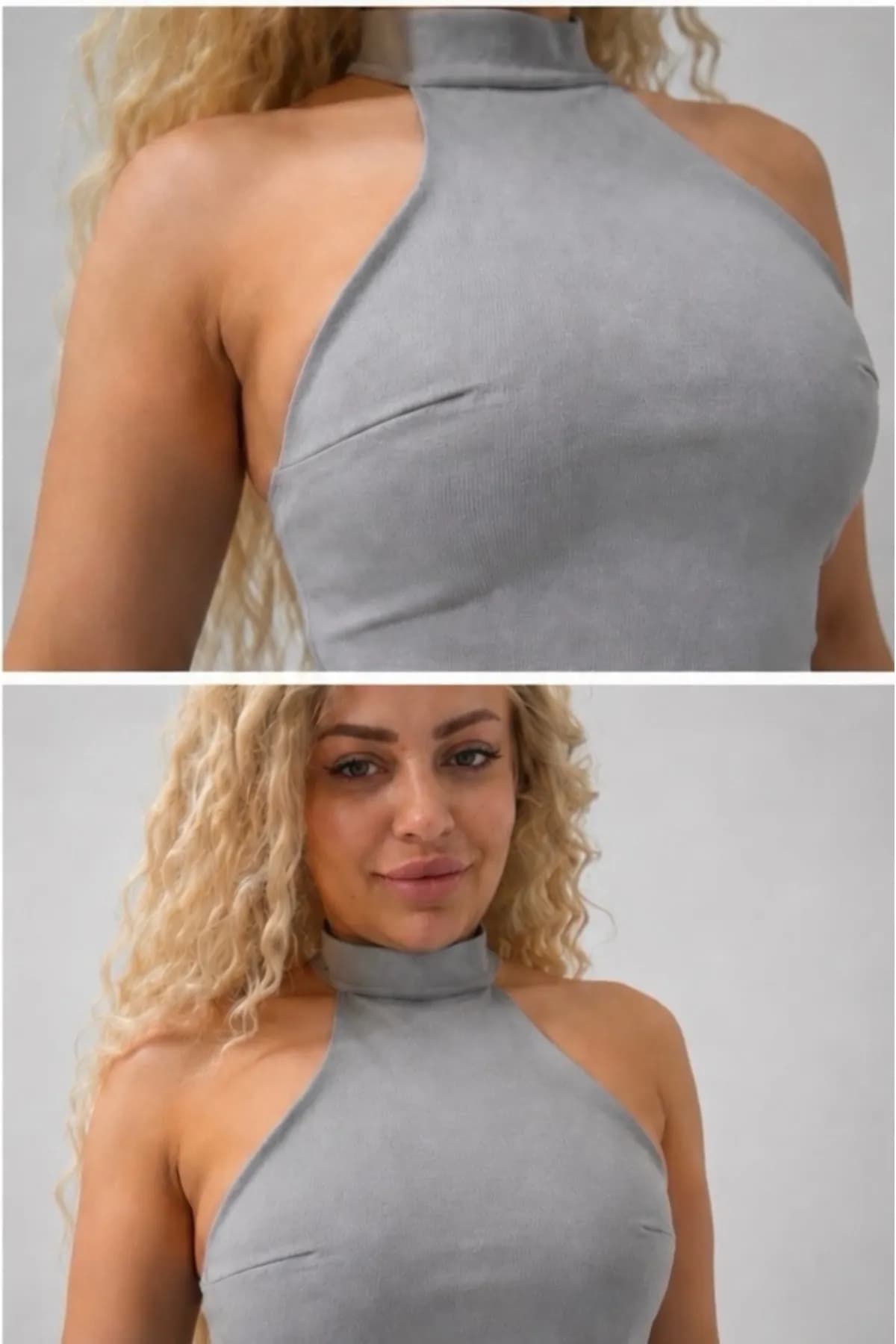 Gri Boyundan Bağlamalı Sırtı Açık Halter Crop Bluz