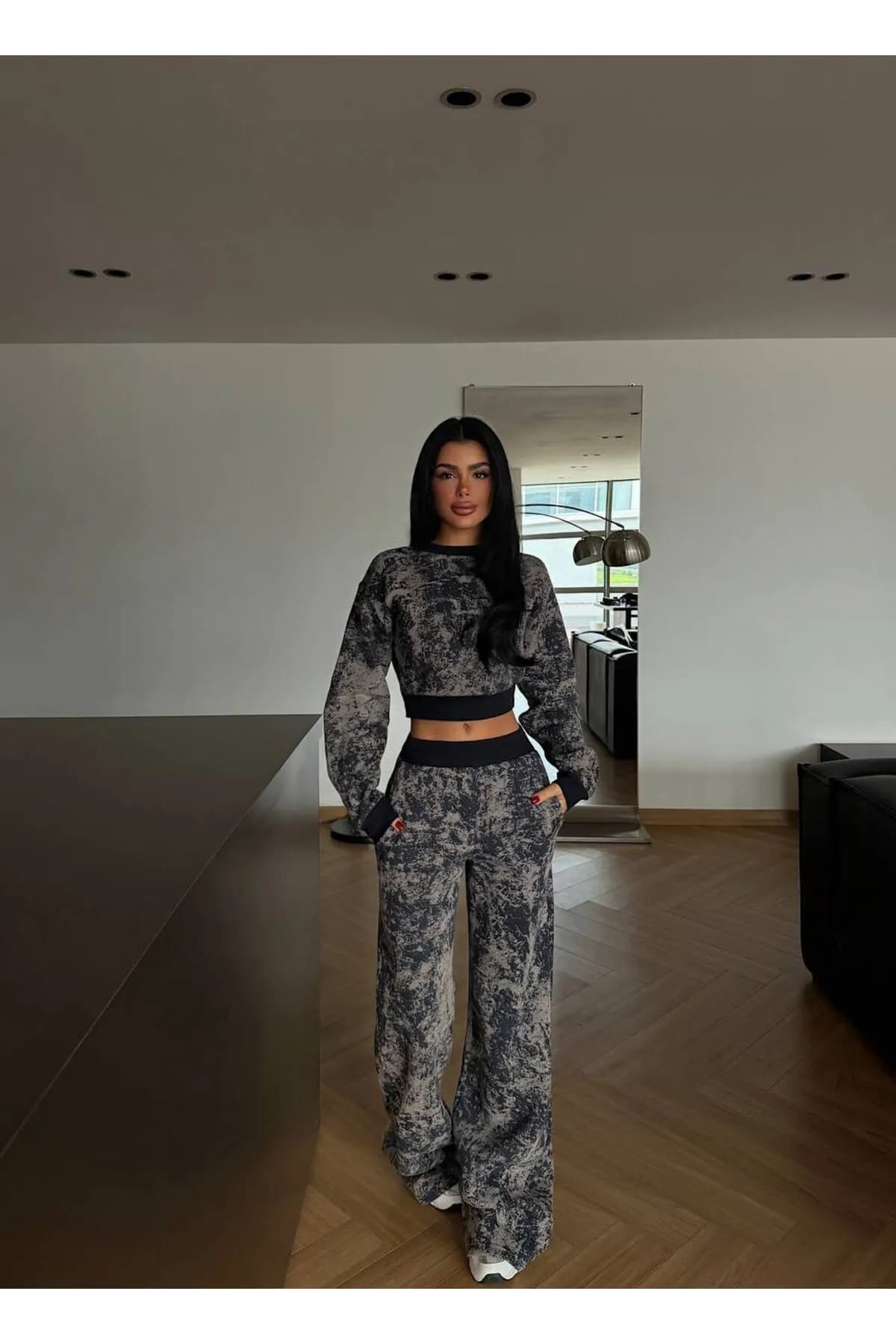 Premium Abstract Fit Crop & Wide Leg İkili Takım – Gri Siyah Couture