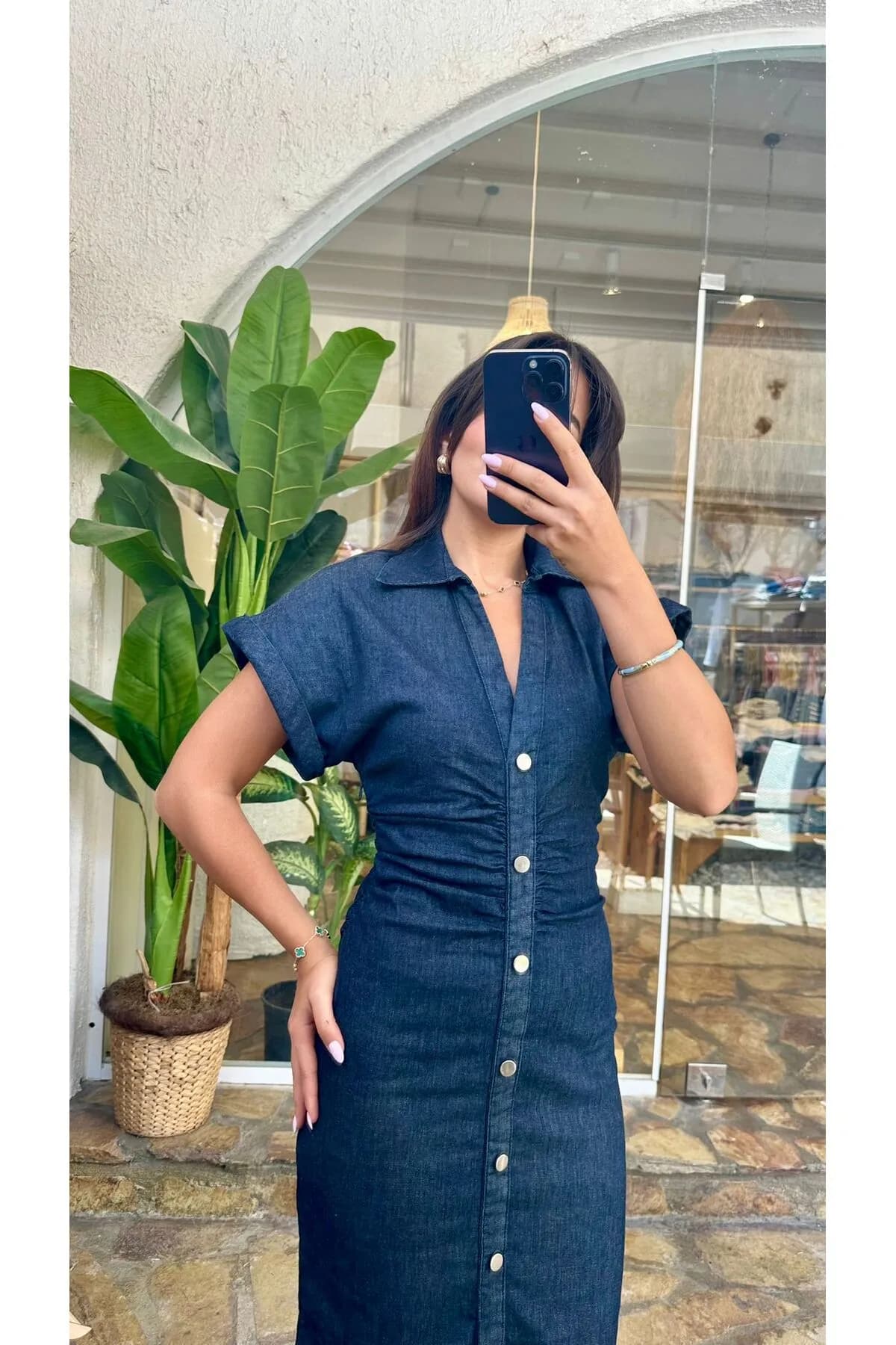 Düğmeli Denim Uzun Elbise