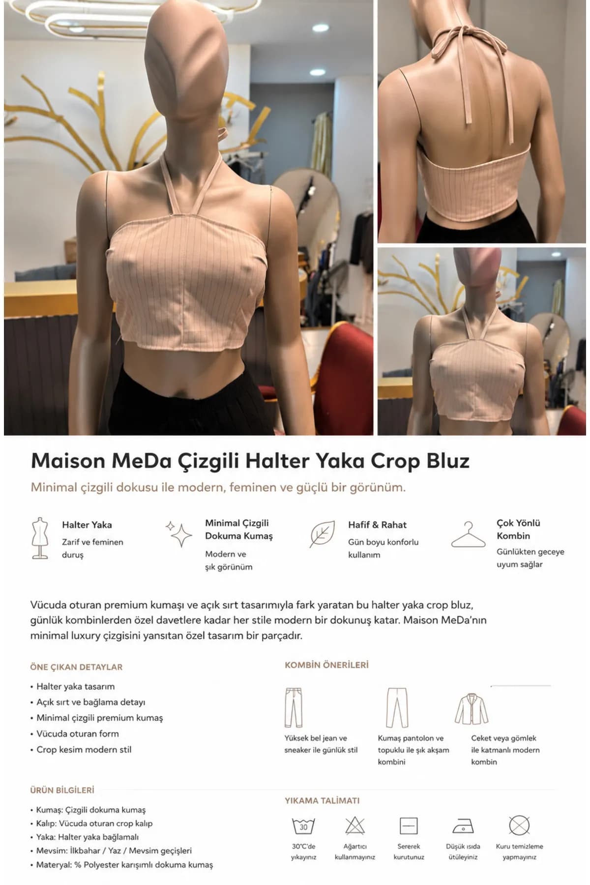 Nude Çizgili Halter Yaka Crop Bluz