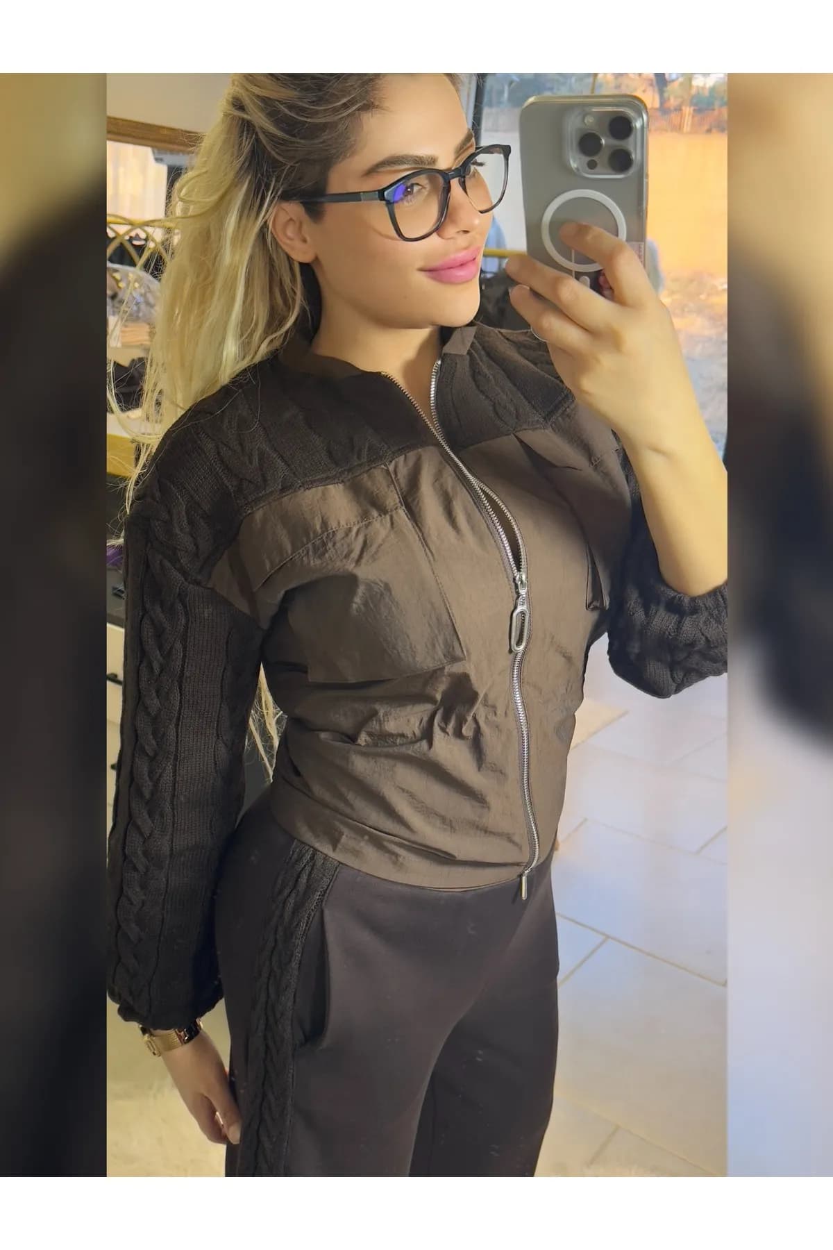 Kahverengi Triko & Paraşüt Kumaş Fermuarlı Kadın Eşofman Takımı — görsel 3