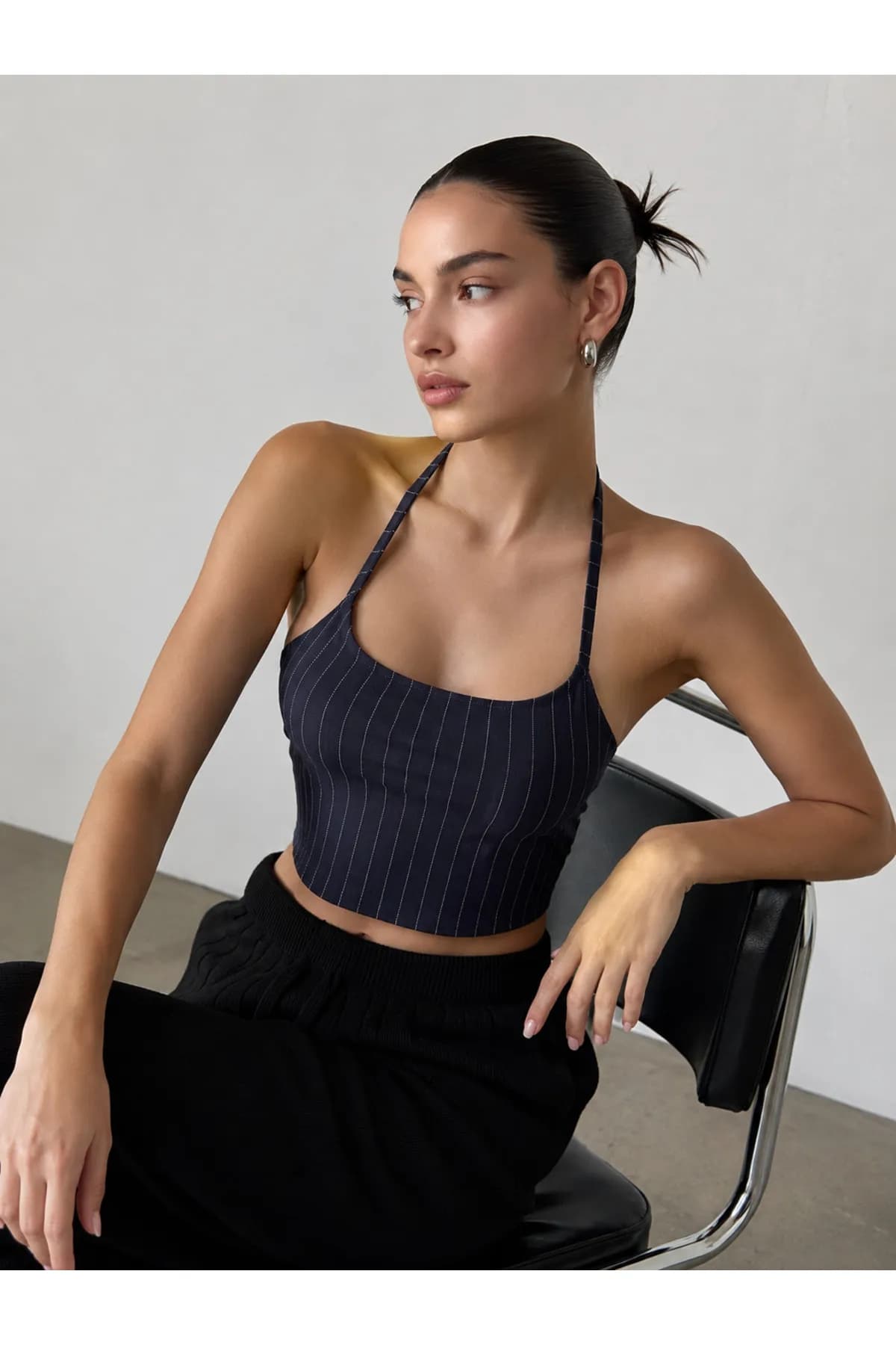 Çizgili Halter Yaka Crop Bluz