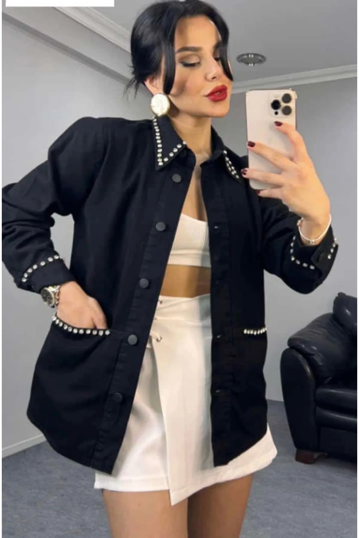 kristal taş Detaylı Oversize Ceket Gömlek