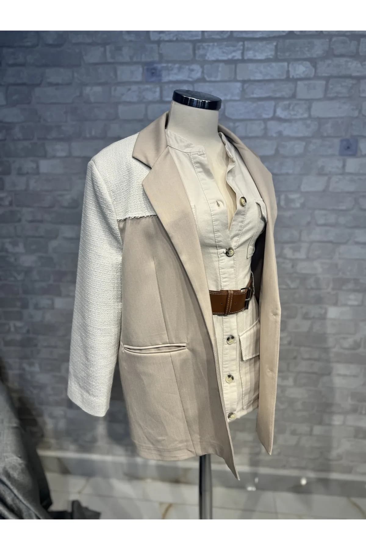 Kadın krem keten tüvit mix blazer ceket — görsel 2