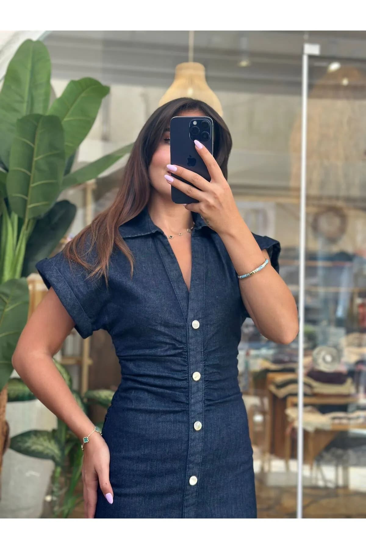 Düğmeli Denim Uzun Elbise — görsel 4