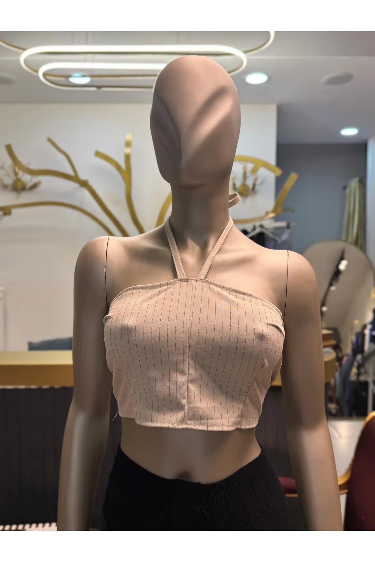 Nude Çizgili Halter Yaka Crop Bluz — görsel 3