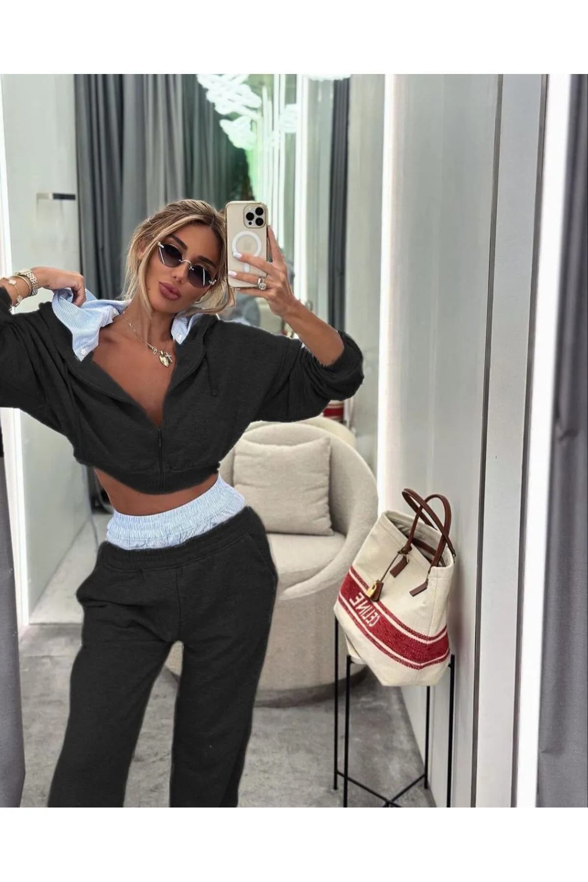 Çizgili Yaka Detaylı Crop Fit Eşofman Takımı – Şehirli Şıklığın En Güçlü Hali 💫 — görsel 2