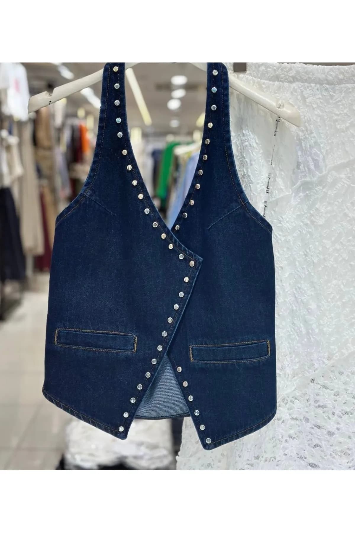 Lacivert Zımbalı Anvelop Denim Yelek – — görsel 2