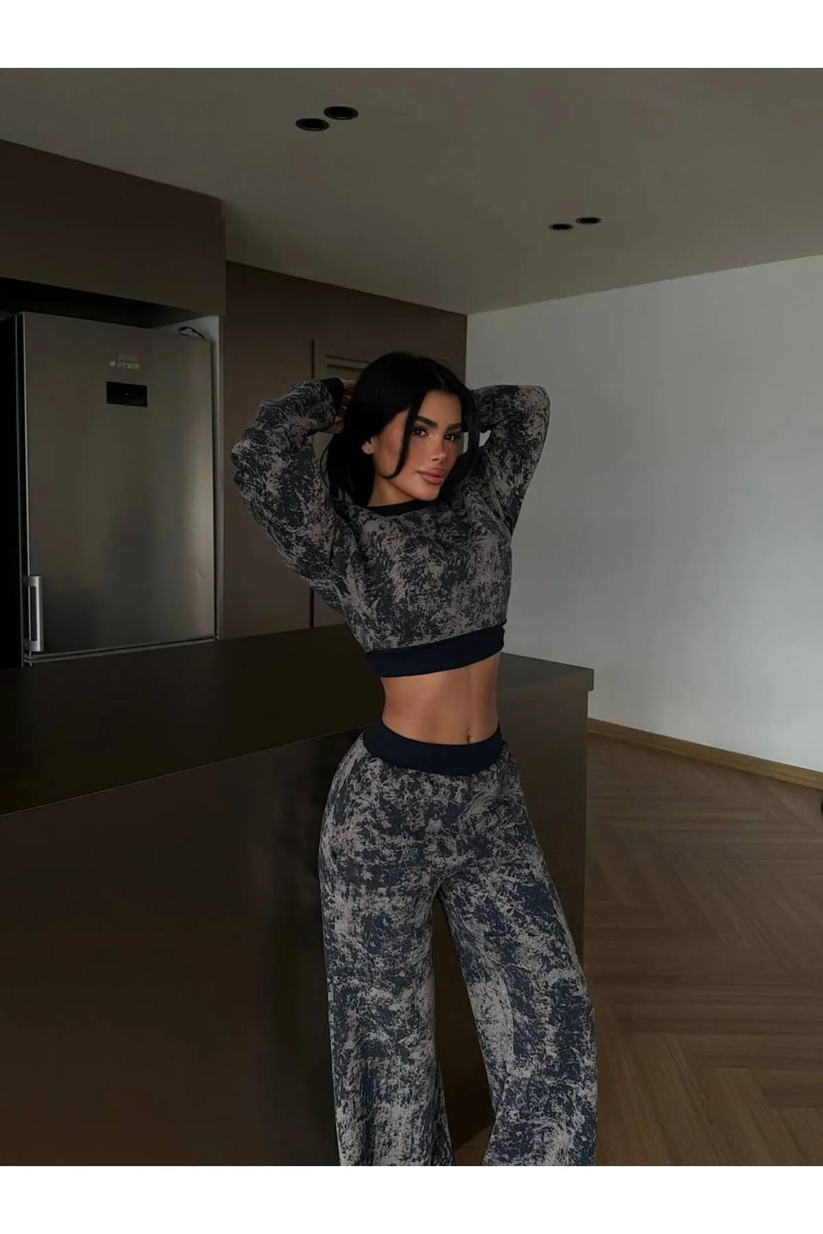Premium Abstract Fit Crop & Wide Leg İkili Takım – Gri Siyah Couture — görsel 2