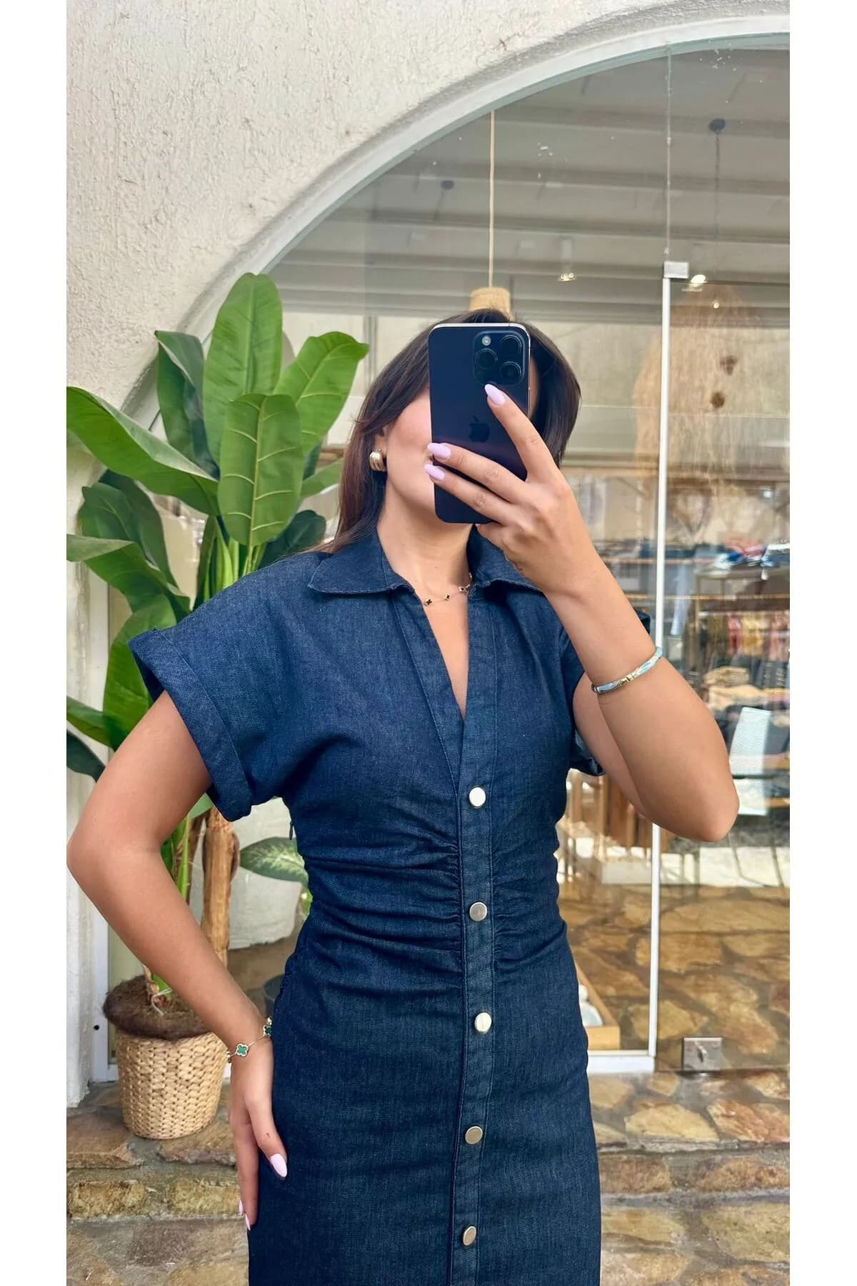 Düğmeli Denim Uzun Elbise — görsel 3