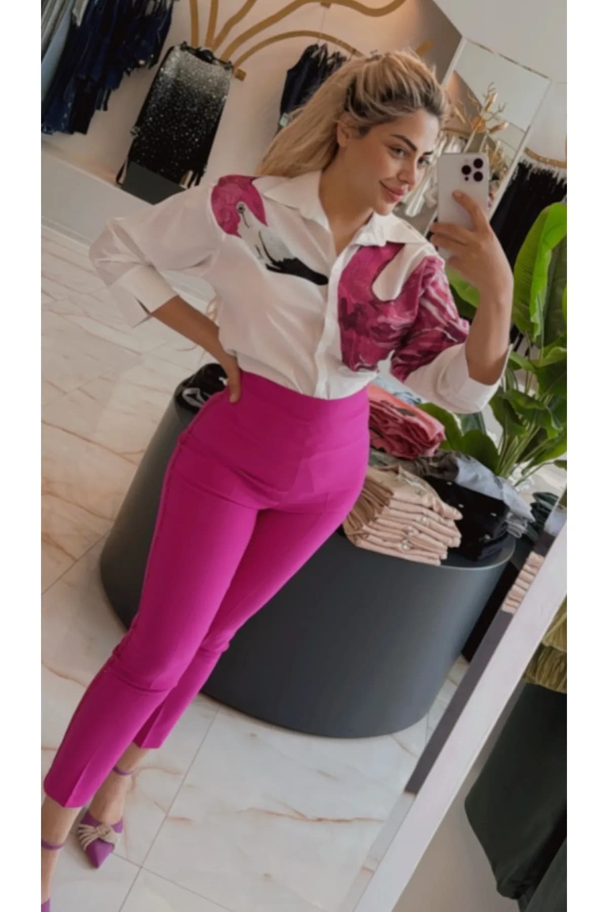 Yüksek Bel Dar Paça Fuşya Pantolon — görsel 3