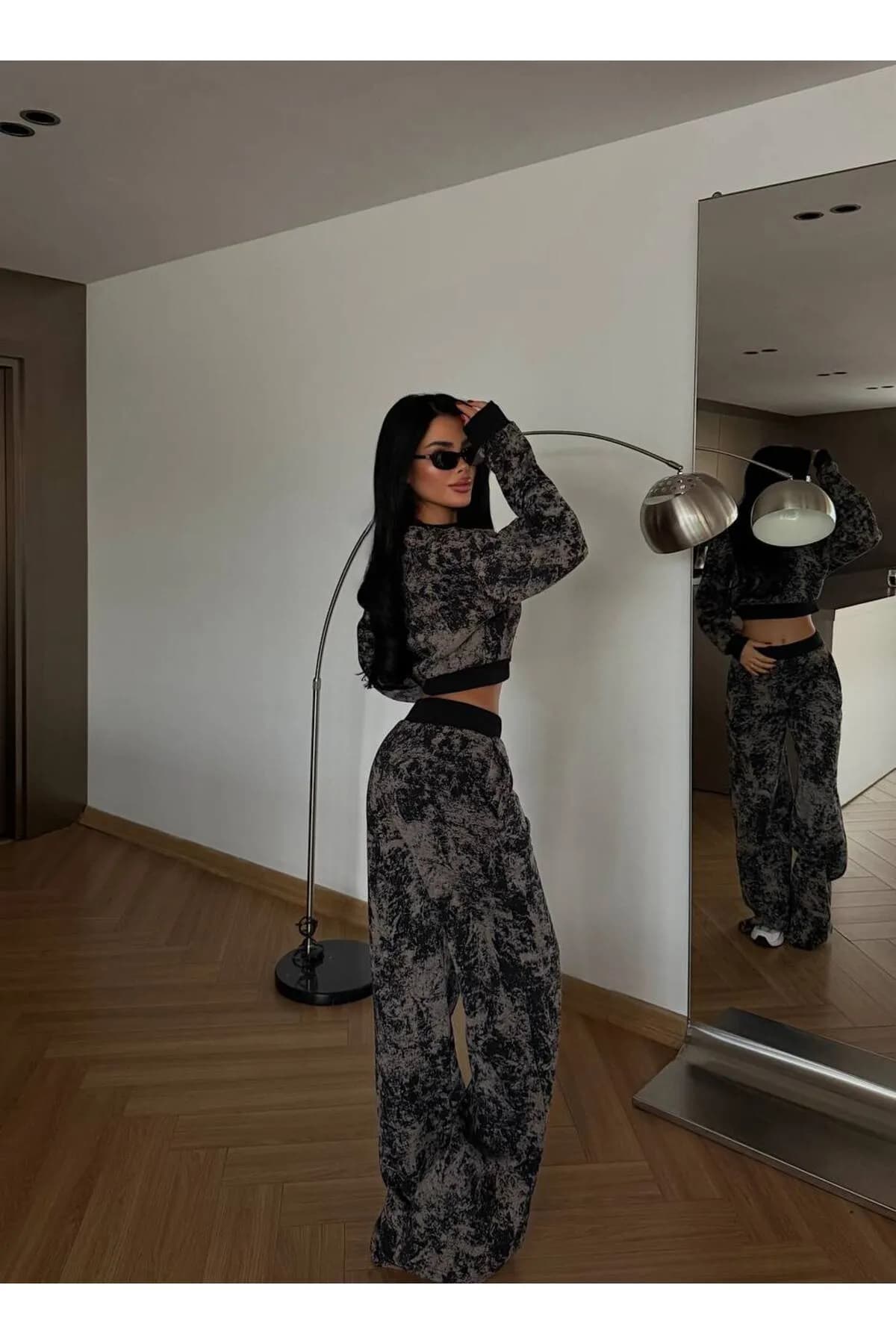 Premium Abstract Fit Crop & Wide Leg İkili Takım – Gri Siyah Couture — görsel 3