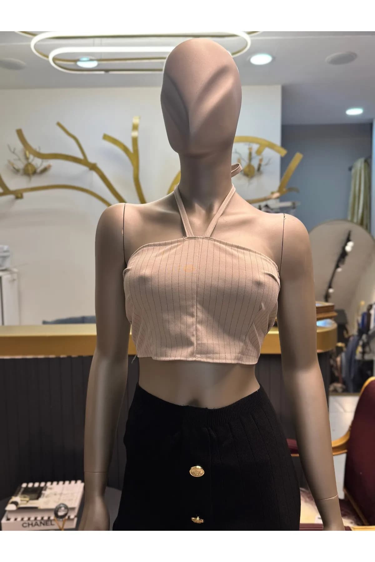 Nude Çizgili Halter Yaka Crop Bluz — görsel 2
