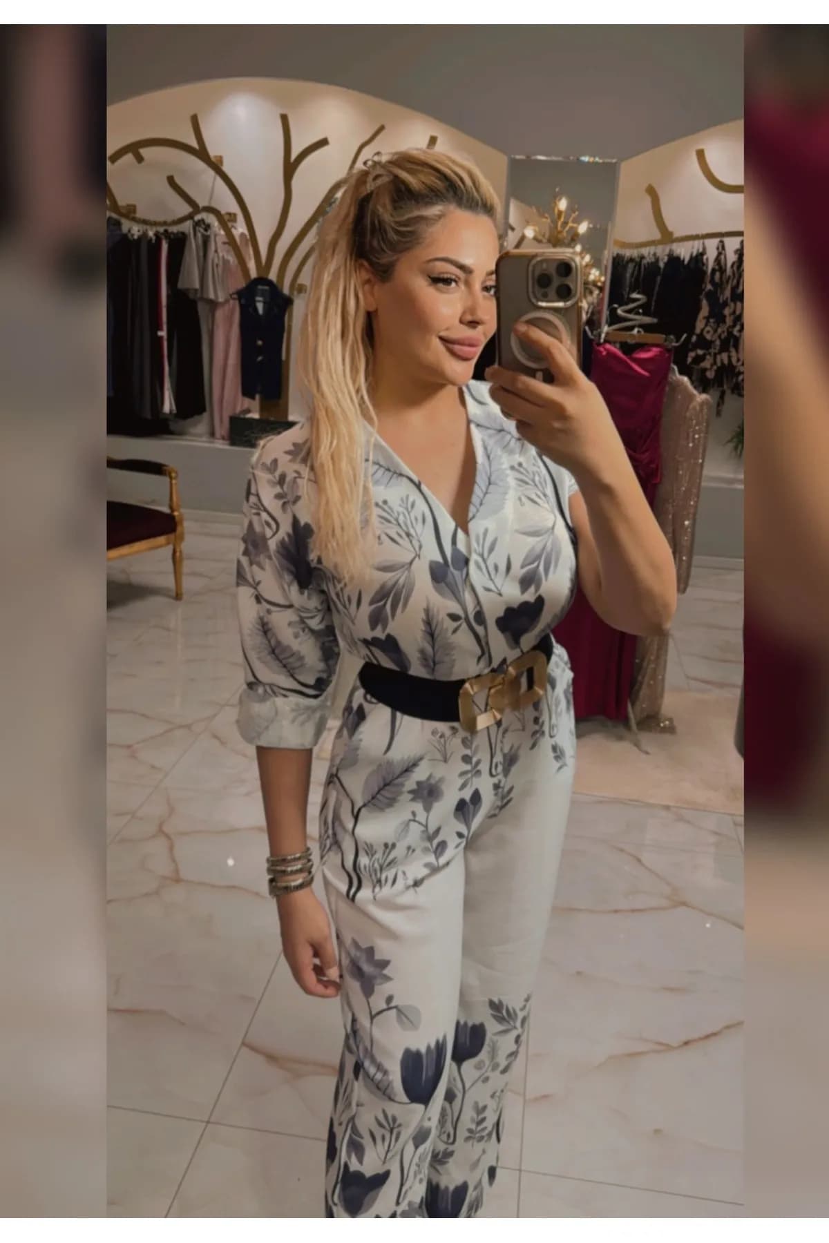 Çiçek Desenli Kemerli Kadın Tulum — görsel 2