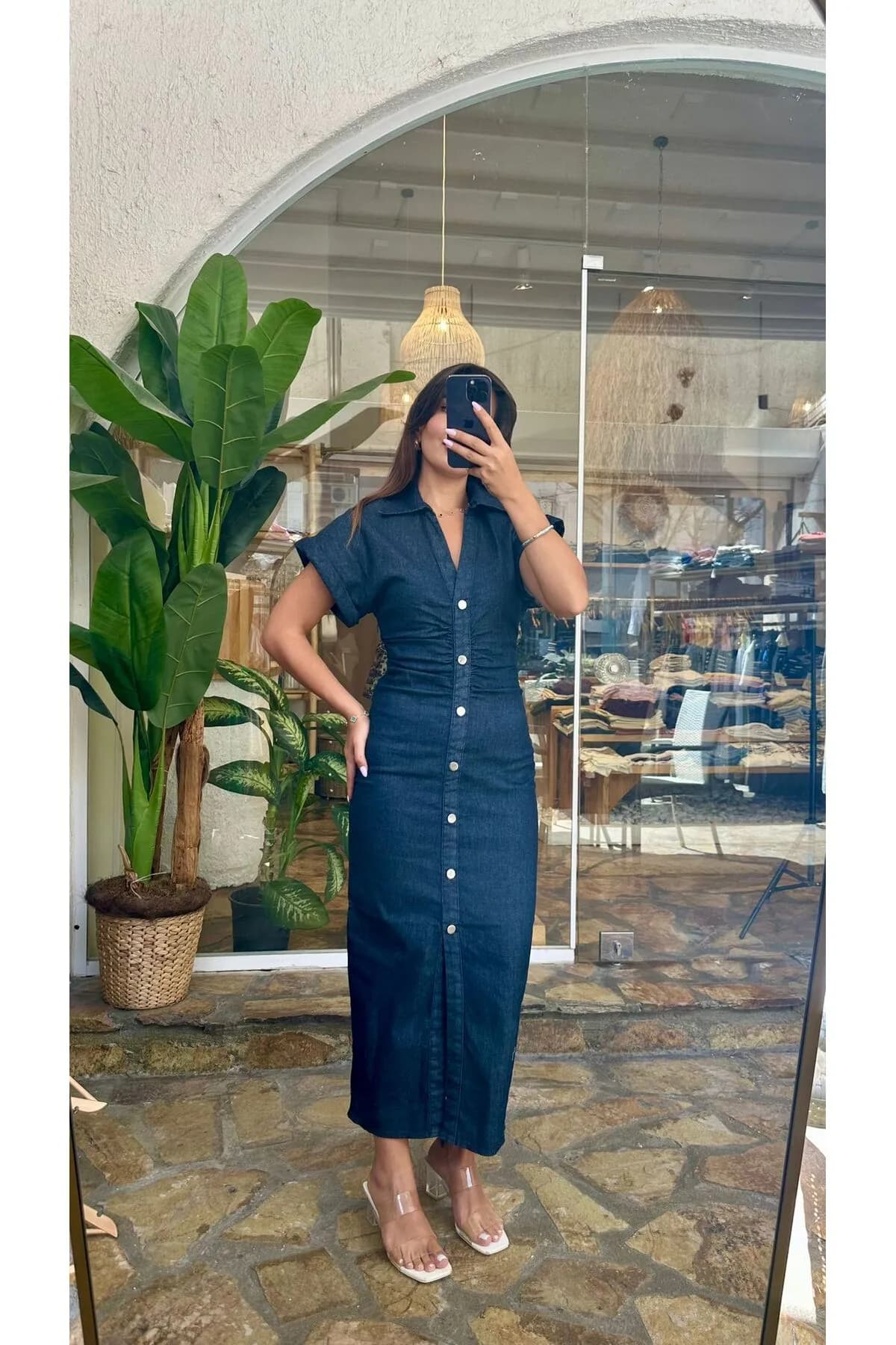 Düğmeli Denim Uzun Elbise — görsel 2